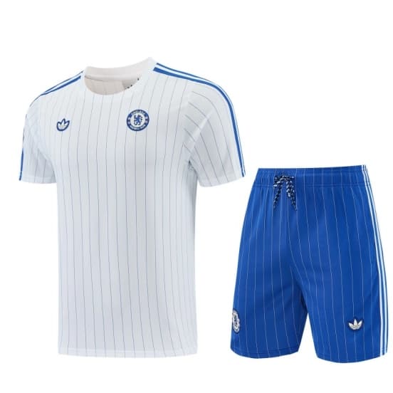 26/27 Chelsea FC White Stripes Short Sleeve+Blue Soccer Shorts — Chelsea Football Club